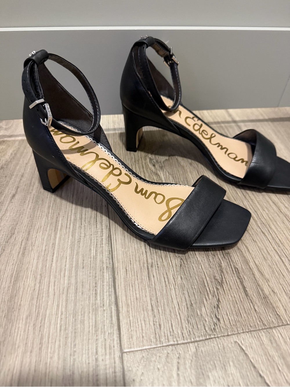 Sam Edelman Black Ankle-Strap Square-Toe Block Heels